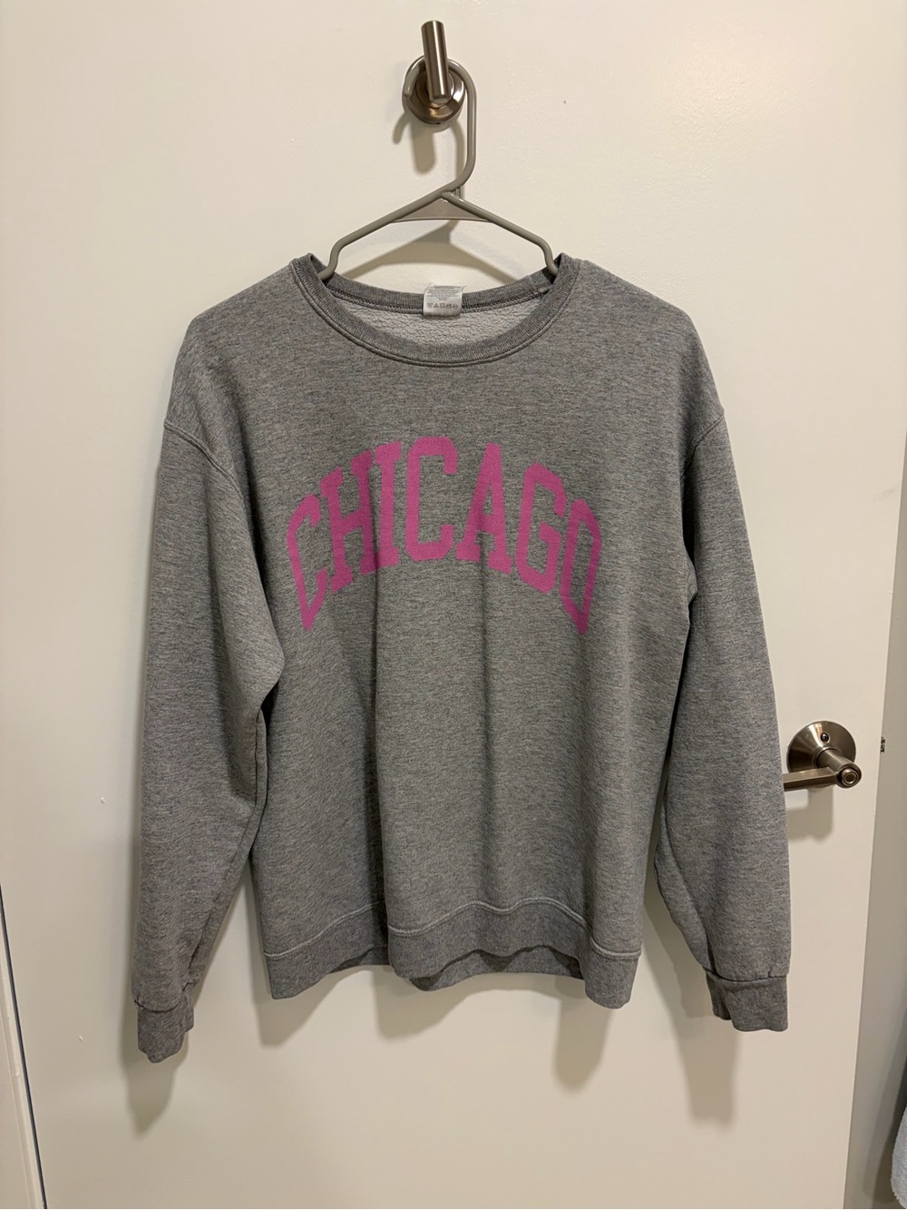 Grey Crewneck Sweatshirt with Pink “Chicago” Print